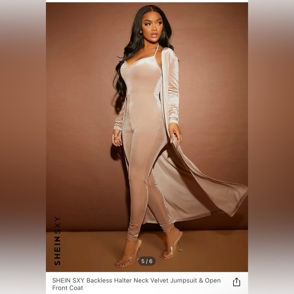 Backless halter neck velvet jumpsuit with open coat - Picture 1 of 3